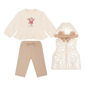 Mayoral Almond 3 Piece set with monkey print top, taupe leggings and pearl-effect hooded gilet with faux fur trim
