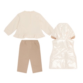 Mayoral Almond 3 Piece set laid flat, showing cream top with ruffle hem, taupe trousers, and shiny hooded gilet