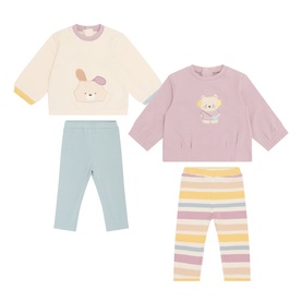 Mayoral Animal Graphic Sweatshirt & Leggings Four-Piece Set in mauve; two sweatshirts with bunny and bear graphics, solid and striped leggings.