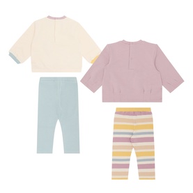 Mayoral Animal Graphic Sweatshirt & Leggings Four-Piece Set in mauve; cream and mauve sweatshirts, plain blue and multicolour striped leggings shown