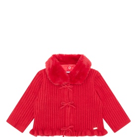 Mayoral baby cardigan in red with ribbed knit, faux fur collar, bow fastenings, and frill hem