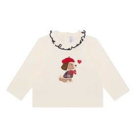 Mayoral baby dress in natur-red, cream long-sleeve top with frill collar and dog in beret appliqu&eacute; detail.