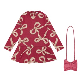 Mayoral raspberry long-sleeve dress with gold bow print, peplum hem, and matching raspberry bow crossbody bag