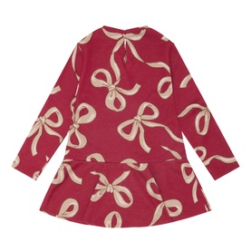 Mayoral raspberry long-sleeve dress with allover cream bow print, drop waist, and flared skirt, shown from the back
