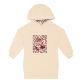 Mayoral light khaki hooded sweatshirt dress with leopard print cherry graphic panel and ribbed cuffs