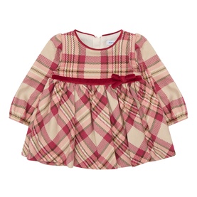 Mayoral Bow-Detail Plaid Dress in raspberry, long sleeves, velvet bow belt, flared skirt, plaid print, rear zip fastening