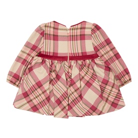 Mayoral Bow-Detail Plaid Dress in raspberry, rear view showing zip fastening, flared skirt, long sleeves, and tonal velvet belt detail.