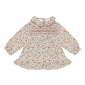 Mayoral Lily floral cotton dress with smocked chest, frill collar, and long sleeves in cream ditsy print