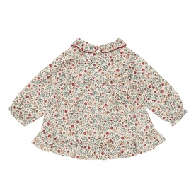 Mayoral Lily floral cotton dress with frill collar, long sleeves and peplum hem, in cream with red and green ditsy print