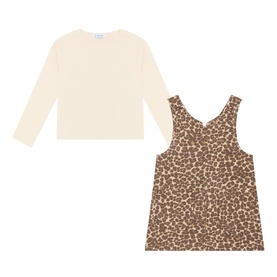 Mayoral chestnut leopard print pinafore dress and cream long-sleeve top set, cotton blend, children's two-piece