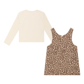 Mayoral chestnut leopard print pinafore dress with cream long-sleeve top, children's cotton two-piece set, back view
