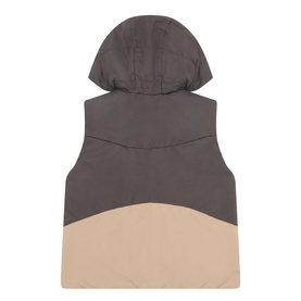 Mayoral hazelnut gilet back view, two-tone grey and beige padded design with attached hood, 100% polyester
