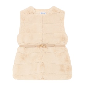 Mayoral beige faux fur gilet for girls with horizontal stripe texture and gold-tone buckle belt detail