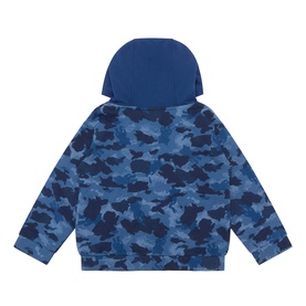 Mayoral Atlantic blue camouflage print hoodie, back view showing solid blue hood and ribbed hem and cuffs