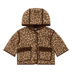Mayoral walnut leopard print baby jacket with detachable hood and two front patch pockets, teddy-trim detailing