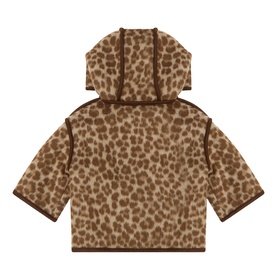 Mayoral baby walnut leopard print hooded jacket, back view, brown trim detail, fleece-style fabric