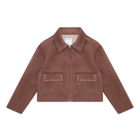 Mayoral chestnut zip-up jacket with spread collar, two stud-embellished front pockets and long sleeves