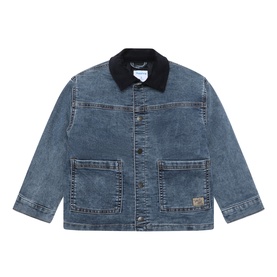 Mayoral Logo Denim Jacket in medium wash with contrast corduroy collar, front slip pockets, button fastening and logo patch detail
