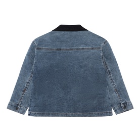 Mayoral Logo Denim Jacket in medium blue, back view showing contrast dark collar, long sleeves, and button fastenings