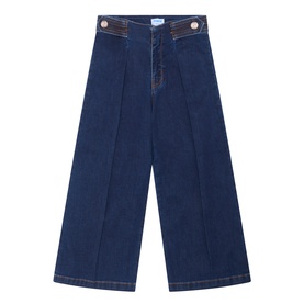 Mayoral super dark denim wide-leg jeans for girls, with pleated front, high waist, and gold-tone button detail
