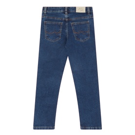Mayoral children's dark blue denim jeans, back view showing five-pocket design and stitched detailing, 98% cotton stretch fabric