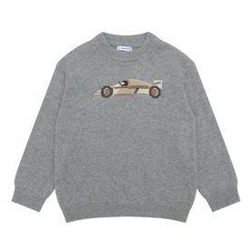 Mayoral Racing Car Sweater in Fog grey with embroidered car motif, crew neck, long sleeves, and ribbed trims
