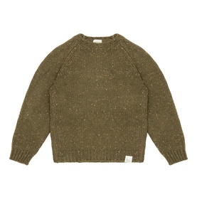 Mayoral pine green flecked cotton knit jumper with raglan sleeves, ribbed cuffs and hem, small logo patch at hem