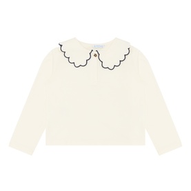 Mayoral grey cotton polo with scallop-edge Peter Pan collar and navy embroidered trim, long sleeves, flat lay