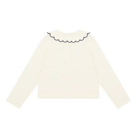 Mayoral grey cotton polo with scalloped Peter Pan collar and navy contrast trim, long-sleeved, back view