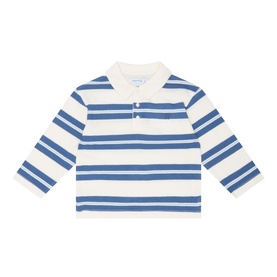 Mayoral Logo Striped Polo Shirt in indigo, cream cotton with contrast collar, long sleeves, and button fastenings