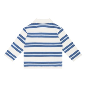 Mayoral Logo Striped Polo Shirt in indigo, rear view showing blue and cream stripes, contrast collar, long sleeves, straight hemline