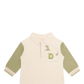 Mayoral baby polo in Bayleaf, cream body with sage green sleeves, striped cuffs and embroidered D letter patch on chest