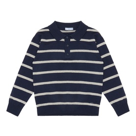 Mayoral Blue cotton knit polo shirt with grey horizontal stripes, collar, and three-button placket, long-sleeved children's style