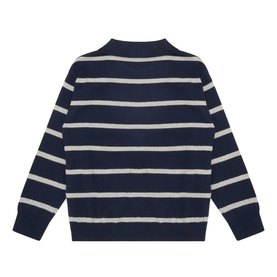 Mayoral children's blue and white stripe cotton polo jumper, back view, ribbed collar and cuffs