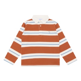 Mayoral brick red striped long-sleeve polo shirt with cream collar and blue stripe detailing, 100% cotton