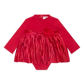 Mayoral red long-sleeve romper with pleated satin skirt overlay and flower detail at waist