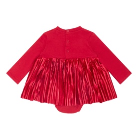 Mayoral red long-sleeve romper with metallic pleated skirt overlay and button back fastening, back view