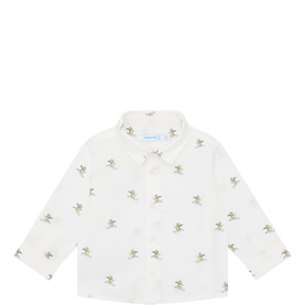Mayoral baby shirt in white with all-over skier print, long sleeves, classic collar, and button-front fastening