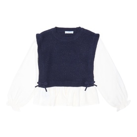 Mayoral navy knit vest overlay shirt with sheer white cotton sleeves and side bow details, children's