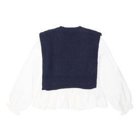 Mayoral navy knit vest layered over white cotton shirt, back view, long balloon sleeves, children's