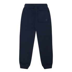 Mayoral blue cotton sweat bottoms, rear view showing back pocket with logo patch and ribbed cuffs