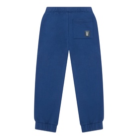 Mayoral Atlantic blue cotton-blend sweat bottoms, rear view showing elasticated waist, back pocket with logo badge, and ribbed cuffs.
