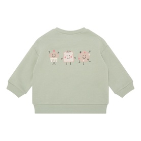 Mayoral Marbled Sweat Top back view, sage green with three dancing character graphic print, ribbed cuffs and hem