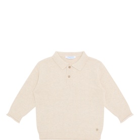Mayoral oat knitted polo sweat top for baby, long sleeves, button placket, ribbed cuffs and hem, cotton blend