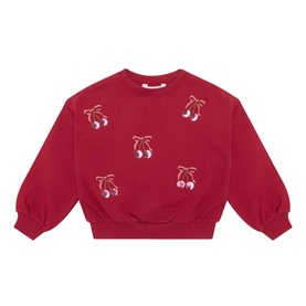 Mayoral Cherry Sweat Top in red with all-over embroidered cherry motifs, crew neck, and elasticated cuffs