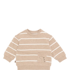Mayoral baby sweat top in H Truffle, beige and white horizontal stripes, chest pocket with embroidered dinosaur detail
