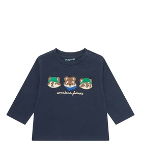 Mayoral blue long-sleeve baby T-shirt with three embroidered woodland animal faces and "woodland friends" text graphic.