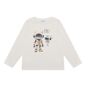 Mayoral cream long-sleeve cotton T-shirt with robot and astronaut graphic print, crew neck, ribbed cuffs