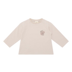 Mayoral rock stripe long-sleeve cotton T-shirt with small bear chest embroidery, crew neck, in neutral beige tones
