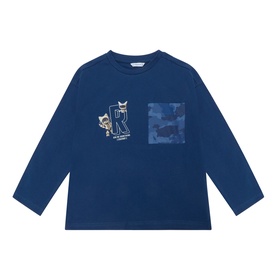 Mayoral Atlantic blue long-sleeve cotton T-shirt with graphic print and camo chest pocket